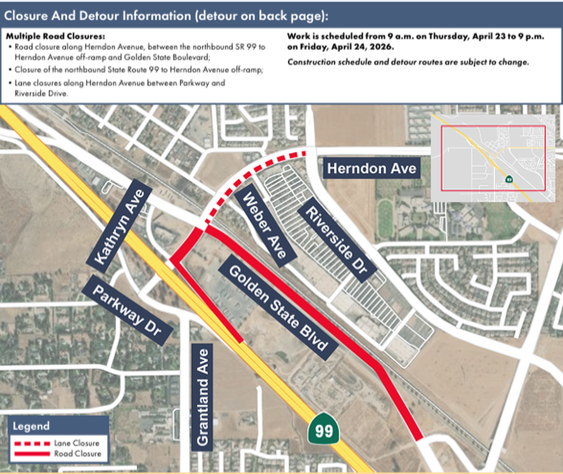 A construction alert from the California High-Speed Rail Authority shows an upcoming closure of the Herndon Avenue exit on the northbound Highway 99.